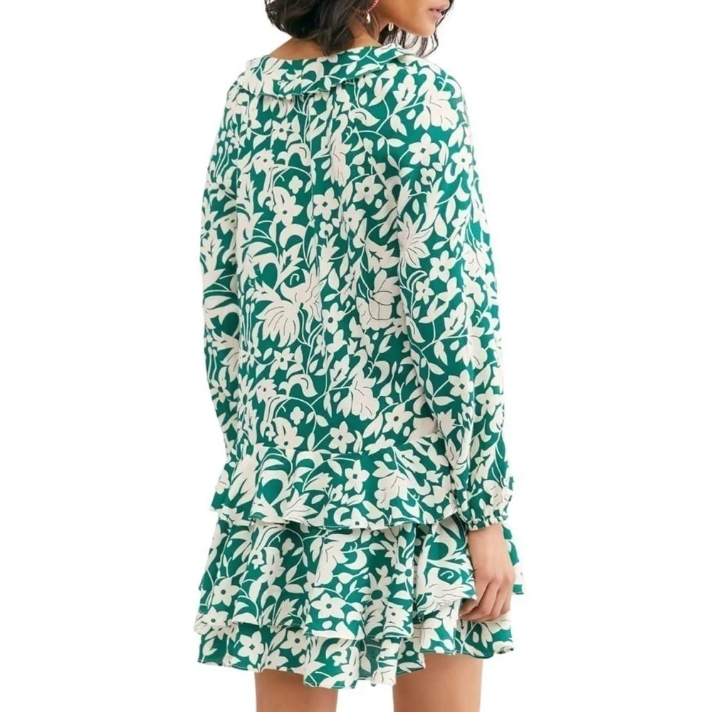 Free People Rebecca Floral Ruffle Long Sleeve Casual Green & White Mini Dress L - Picture 2 of 11